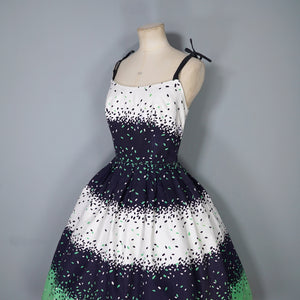 50s 60s BLANES BLACK, WHITE AND GREEN CONFETTI PRINT DRESS - S