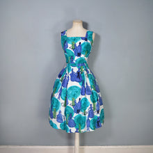 Load image into Gallery viewer, 60s BLUE PAINTERLY VICTORIAN LADY NOVELTY PRINT DAY DRESS - S