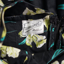 Load image into Gallery viewer, 50s "FEMINELLA" BLACK YELLOW FLORAL EASTER LILY PRINT FULL SKIRTED DRESS - S