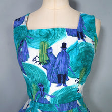 Load image into Gallery viewer, 60s BLUE PAINTERLY VICTORIAN LADY NOVELTY PRINT DAY DRESS - S