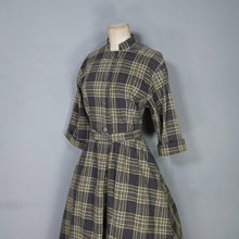 Load image into Gallery viewer, 40s HANDMADE GREY YELLOW CHECK COTTON DAY DRESS WITH BELT - S-M