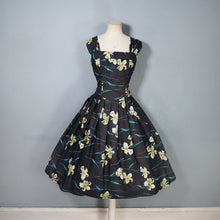 Load image into Gallery viewer, 50s "FEMINELLA" BLACK YELLOW FLORAL EASTER LILY PRINT FULL SKIRTED DRESS - S