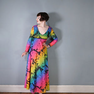 70s "MARISA" RAINBOW FLORAL FLOWING EMPIRE MAXI DRESS - M-L