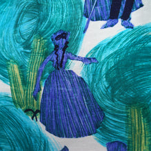 Load image into Gallery viewer, 60s BLUE PAINTERLY VICTORIAN LADY NOVELTY PRINT DAY DRESS - S