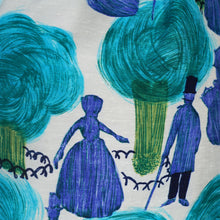 Load image into Gallery viewer, 60s BLUE PAINTERLY VICTORIAN LADY NOVELTY PRINT DAY DRESS - S