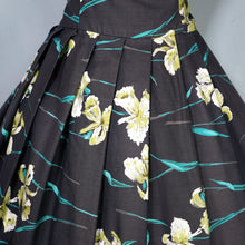Load image into Gallery viewer, 50s "FEMINELLA" BLACK YELLOW FLORAL EASTER LILY PRINT FULL SKIRTED DRESS - S