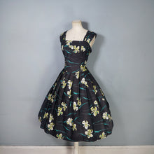 Load image into Gallery viewer, 50s "FEMINELLA" BLACK YELLOW FLORAL EASTER LILY PRINT FULL SKIRTED DRESS - S