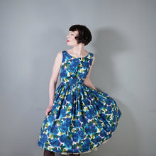 Load image into Gallery viewer, 50s DARK BLUE PAINTERLY FLORAL ROSE PRINT COTTON DAY DRESS - S