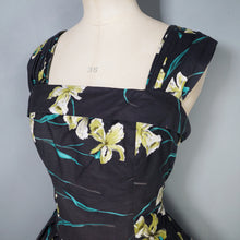 Load image into Gallery viewer, 50s "FEMINELLA" BLACK YELLOW FLORAL EASTER LILY PRINT FULL SKIRTED DRESS - S