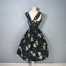 Load image into Gallery viewer, 50s "FEMINELLA" BLACK YELLOW FLORAL EASTER LILY PRINT FULL SKIRTED DRESS - S