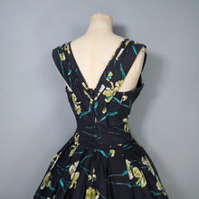 Load image into Gallery viewer, 50s "FEMINELLA" BLACK YELLOW FLORAL EASTER LILY PRINT FULL SKIRTED DRESS - S