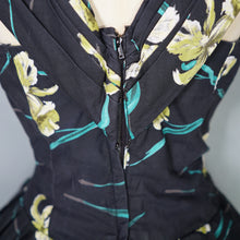 Load image into Gallery viewer, 50s "FEMINELLA" BLACK YELLOW FLORAL EASTER LILY PRINT FULL SKIRTED DRESS - S