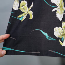 Load image into Gallery viewer, 50s "FEMINELLA" BLACK YELLOW FLORAL EASTER LILY PRINT FULL SKIRTED DRESS - S