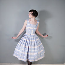 Load image into Gallery viewer, 50s PASTEL BLUE AND PINK RIBBON BROCADE &quot;ANTOINETTE&quot; COTTON DRESS - XS