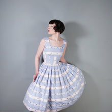 Load image into Gallery viewer, 50s PASTEL BLUE AND PINK RIBBON BROCADE &quot;ANTOINETTE&quot; COTTON DRESS - XS