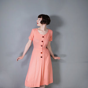 EARLY 50s SALMON PINK L'AIGLON SOFT RAYON FITTED DRESS WITH TORTOISE SHELL BUTTONS - S