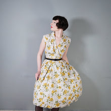 Load image into Gallery viewer, 50s 60s YELLOW ROSE PRINT COTTON DAY DRESS WITH WRAP BODICE AND FULL SKIRT - S