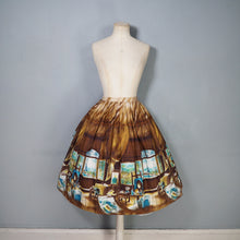 Load image into Gallery viewer, 50s BROWN AND TURQUOISE PARIS ARTISTS STUDIO NOVELTY PRINT SKIRT - 26"