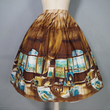 Load image into Gallery viewer, 50s BROWN AND TURQUOISE PARIS ARTISTS STUDIO NOVELTY PRINT SKIRT - 26"