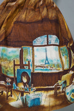 Load image into Gallery viewer, 50s BROWN AND TURQUOISE PARIS ARTISTS STUDIO NOVELTY PRINT SKIRT - 26"