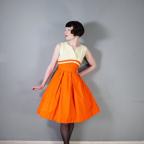 60s TWOTONE YELLOW AND ORANGE WAFFLE COTTON DRESS - XS / petite
