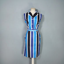 Load image into Gallery viewer, 60s BLUE COLOURBLOCK STRIPE FITTED DRESS WITH TIE BELT - M