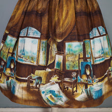 Load image into Gallery viewer, 50s BROWN AND TURQUOISE PARIS ARTISTS STUDIO NOVELTY PRINT SKIRT - 26"