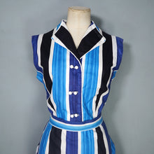 Load image into Gallery viewer, 60s BLUE COLOURBLOCK STRIPE FITTED DRESS WITH TIE BELT - M