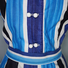 Load image into Gallery viewer, 60s BLUE COLOURBLOCK STRIPE FITTED DRESS WITH TIE BELT - M