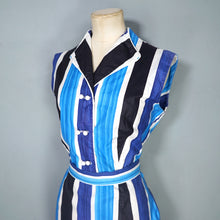 Load image into Gallery viewer, 60s BLUE COLOURBLOCK STRIPE FITTED DRESS WITH TIE BELT - M