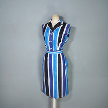 Load image into Gallery viewer, 60s BLUE COLOURBLOCK STRIPE FITTED DRESS WITH TIE BELT - M