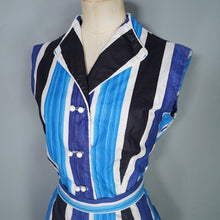 Load image into Gallery viewer, 60s BLUE COLOURBLOCK STRIPE FITTED DRESS WITH TIE BELT - M