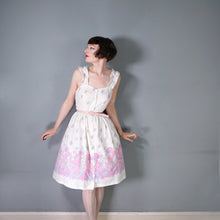 Load image into Gallery viewer, 70s WHITE AND PASTEL PINK MUSHROOM BORDER PRINT STRAPPY DAY DRESS - S