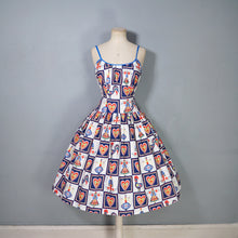 Load image into Gallery viewer, 50s "BRILKIE" NOVELTY FOLK PRINT SUN DRESS WITH HEARTS AND ROOSTERS - S