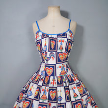 Load image into Gallery viewer, 50s "BRILKIE" NOVELTY FOLK PRINT SUN DRESS WITH HEARTS AND ROOSTERS - S