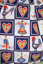 Load image into Gallery viewer, 50s "BRILKIE" NOVELTY FOLK PRINT SUN DRESS WITH HEARTS AND ROOSTERS - S