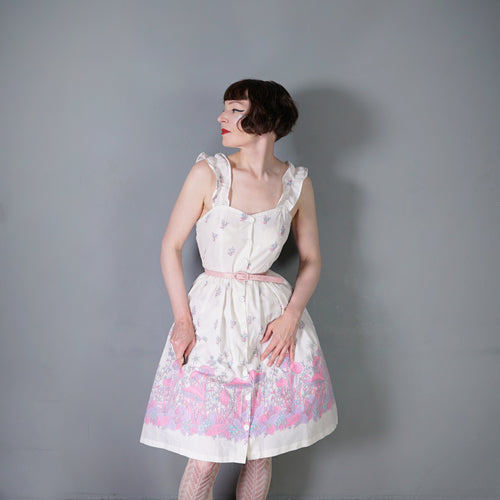 70s WHITE AND PASTEL PINK MUSHROOM BORDER PRINT STRAPPY DAY DRESS - S