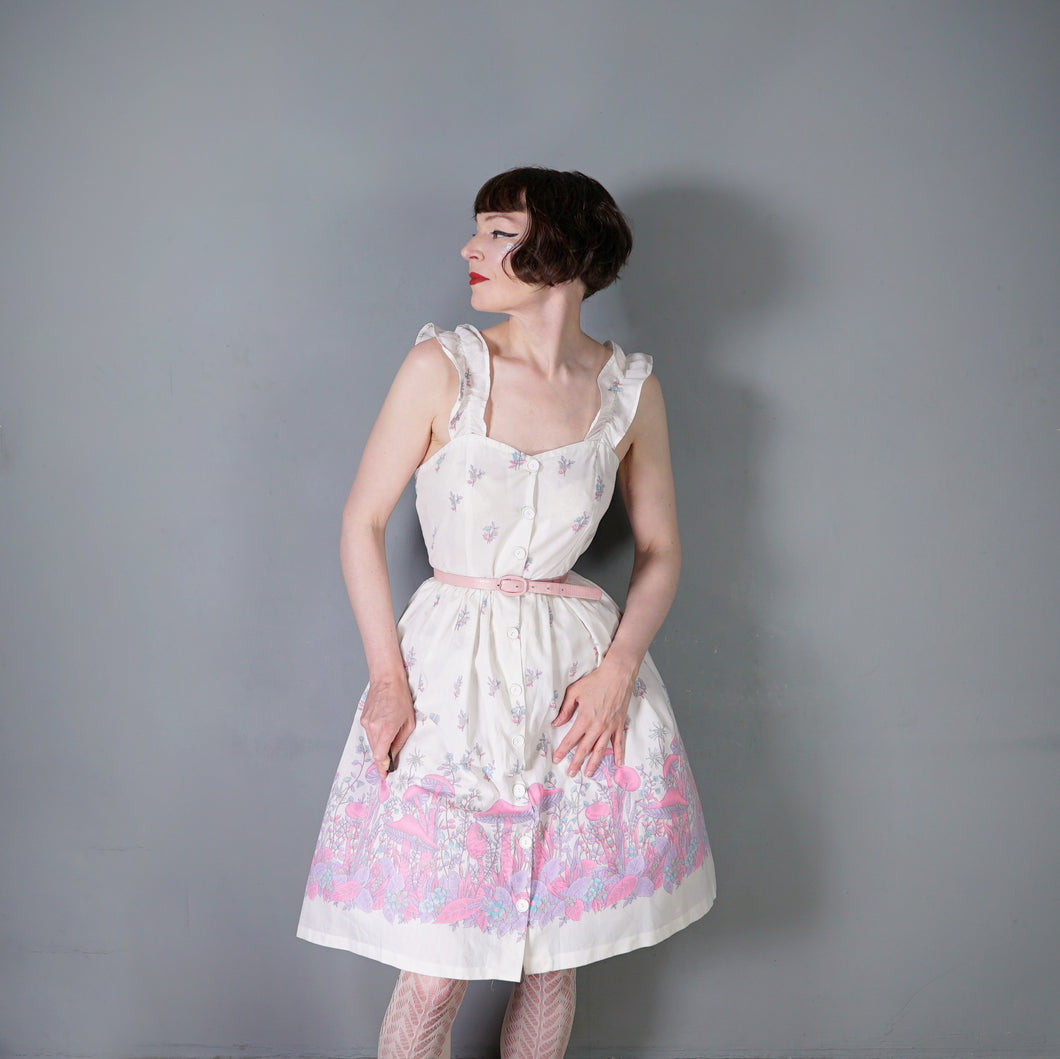 70s WHITE AND PASTEL PINK MUSHROOM BORDER PRINT STRAPPY DAY DRESS - S