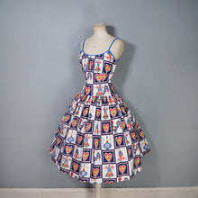 Load image into Gallery viewer, 50s "BRILKIE" NOVELTY FOLK PRINT SUN DRESS WITH HEARTS AND ROOSTERS - S