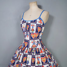 Load image into Gallery viewer, 50s "BRILKIE" NOVELTY FOLK PRINT SUN DRESS WITH HEARTS AND ROOSTERS - S