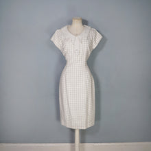 Load image into Gallery viewer, 60s BEIGE AND CREAM CHECK FITTED PENCIL DRESS WITH STATEMENT COLLAR - S