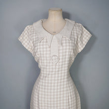 Load image into Gallery viewer, 60s BEIGE AND CREAM CHECK FITTED PENCIL DRESS WITH STATEMENT COLLAR - S