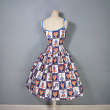 Load image into Gallery viewer, 50s "BRILKIE" NOVELTY FOLK PRINT SUN DRESS WITH HEARTS AND ROOSTERS - S