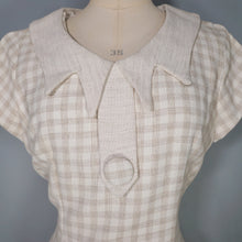 Load image into Gallery viewer, 60s BEIGE AND CREAM CHECK FITTED PENCIL DRESS WITH STATEMENT COLLAR - S