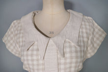 Load image into Gallery viewer, 60s BEIGE AND CREAM CHECK FITTED PENCIL DRESS WITH STATEMENT COLLAR - S