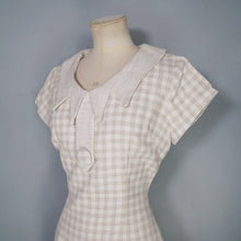 Load image into Gallery viewer, 60s BEIGE AND CREAM CHECK FITTED PENCIL DRESS WITH STATEMENT COLLAR - S