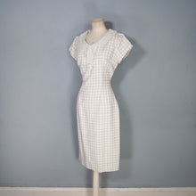 Load image into Gallery viewer, 60s BEIGE AND CREAM CHECK FITTED PENCIL DRESS WITH STATEMENT COLLAR - S