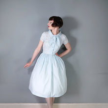 Load image into Gallery viewer, 50s 60s PASTEL BLUE BRODERIE ANGLAISE COTTON DAY DRESS - S-M