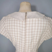 Load image into Gallery viewer, 60s BEIGE AND CREAM CHECK FITTED PENCIL DRESS WITH STATEMENT COLLAR - S