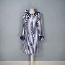 Load image into Gallery viewer, 60s LA FLAQUE DE PARIS BLUE WHITE STRIPED RAINCOAT WITH CIRCUS RUFFLE NECK AND CUFFS - S-M